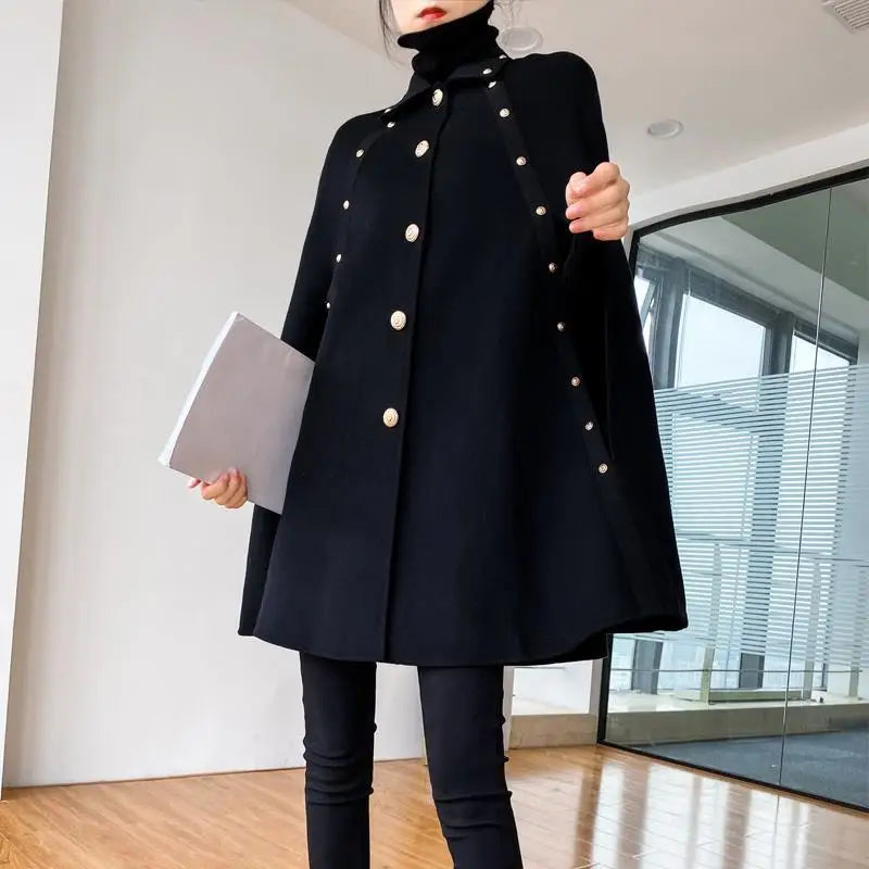 Vintage black cape shawl coat for women with golden buttons