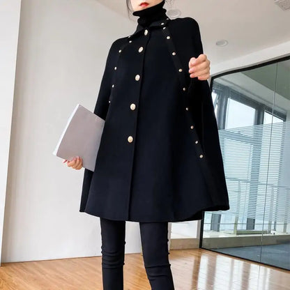 Vintage black cape shawl coat for women with golden buttons