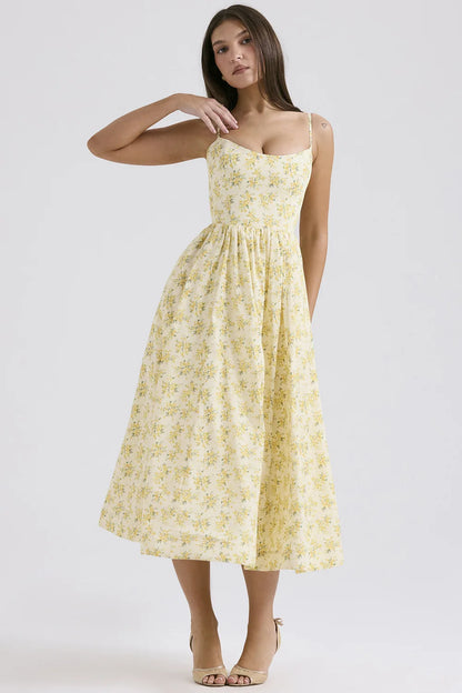 Women’s A-line Dress – Cotton Blend – Floral Print – Spaghetti Straps – Backless – Midi Length
