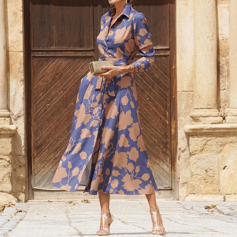 Women's Long-Sleeve Shirt Dress - Button Down - Floral Print - Belted Waist