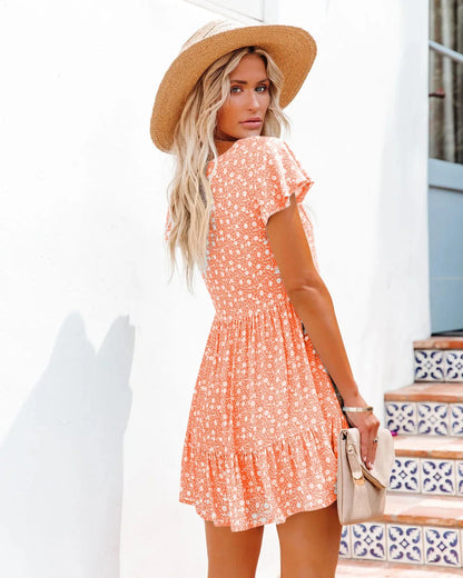 Women's Babydoll Dress - V-Neck - Short Sleeve - Floral Pattern - Ruffle Hem - Button Front