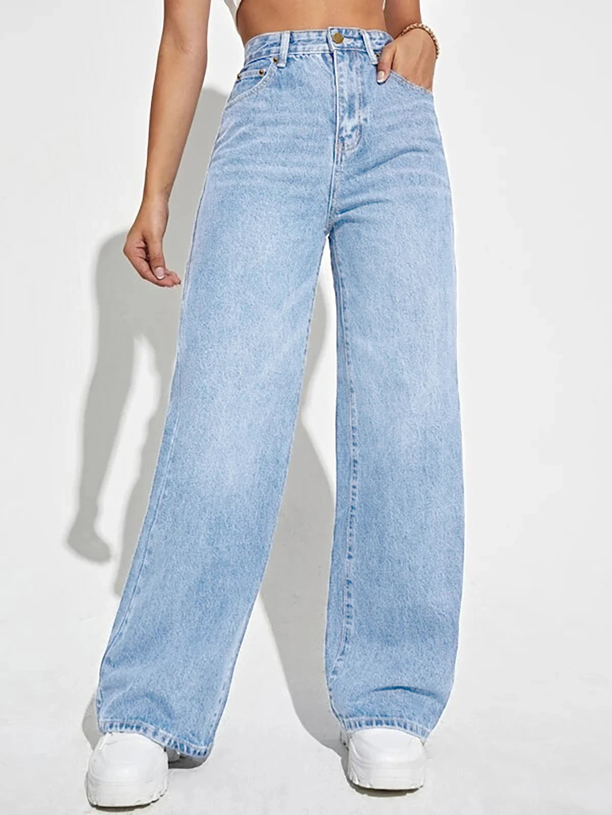 High waist slim straight denim trousers for women