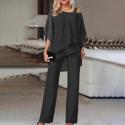 Women's Two-Piece Set - Sheer Layered Top - Wide-Leg Flowing Trousers - Elegant Outfit