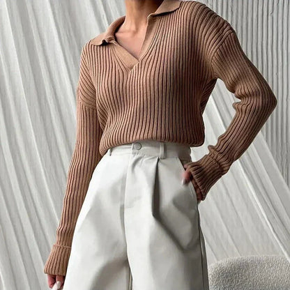 Women's elegant ribbed v-neck collared sweater