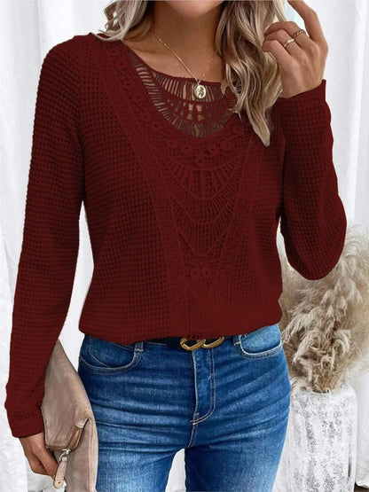 Women's Long-Sleeve Top - Waffle Knit - Lace Applique Detail - Scoop Neck - Relaxed Fit