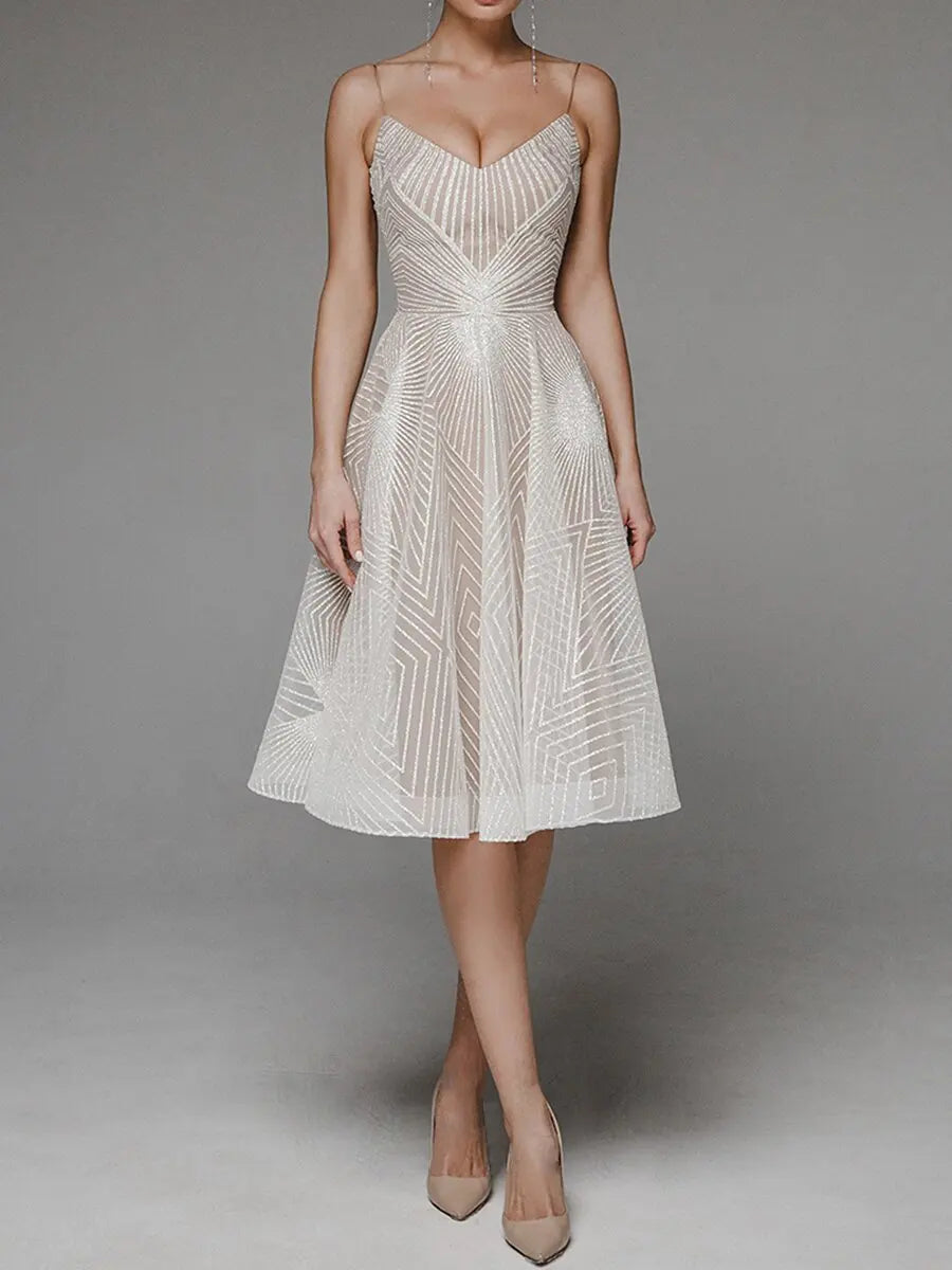 Women's A-Line Dress - Sleeveless Spaghetti Strap - V-Neck Knee-Length Elegant Wear