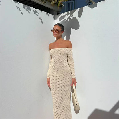 Women’s Off-Shoulder Long Dress – Textured Knit – Bodycon Fit – Elegant Formal Wear