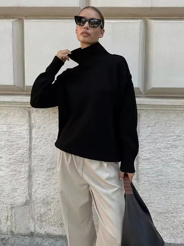 Women’s Turtleneck Sweater – Loose Fit Knit – Ribbed Trim – Exposed Seam Detail