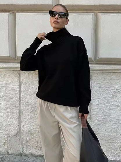 Women’s Turtleneck Sweater – Loose Fit Knit – Ribbed Trim – Exposed Seam Detail
