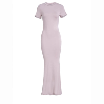Women’s Maxi Dress – Slim Fit Stretch Cotton Blend – Crew Neck Short Sleeve