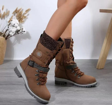 Women's lace-up boots with buckle strap and warm lining