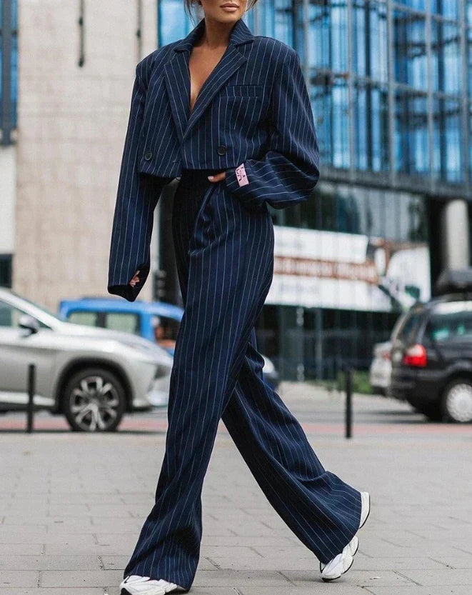 Women's striped lapel top and straight pants set