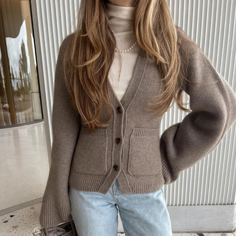 V-neck wool knitted sweater cardigan for women