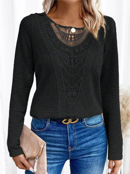 Women's Long-Sleeve Top - Waffle Knit - Lace Applique Detail - Scoop Neck - Relaxed Fit