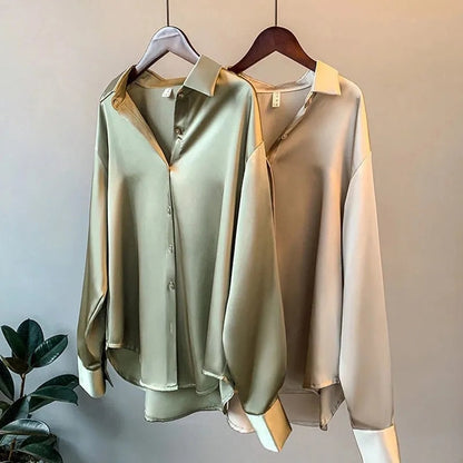 Women's Silk Blouse - Classic Button-Down - Collared Neck - Long Sleeve Relaxed Fit