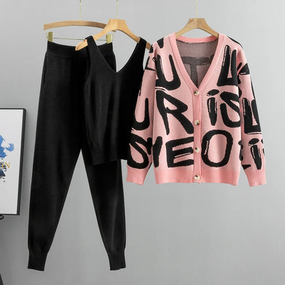 Women's spring autumn knitted 3 piece set of sleeveless top cardigan tracksuits