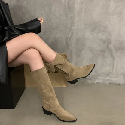 Women's cowboy stacked heel mid-tube tassel boots