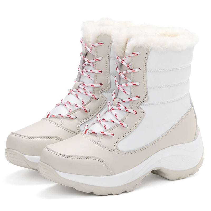Women’s Snow Boots – Mid Calf – Faux Fur Lined – Lace Up – Platform Sole – Water Resistant