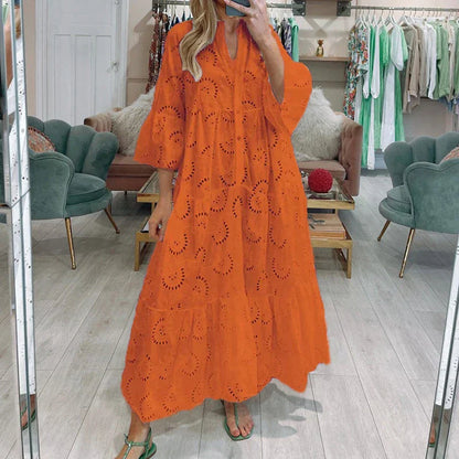 Women's Maxi Dress - Eyelet Lace - V-Neck - 3/4 Sleeve - Flowing Tiered Hem