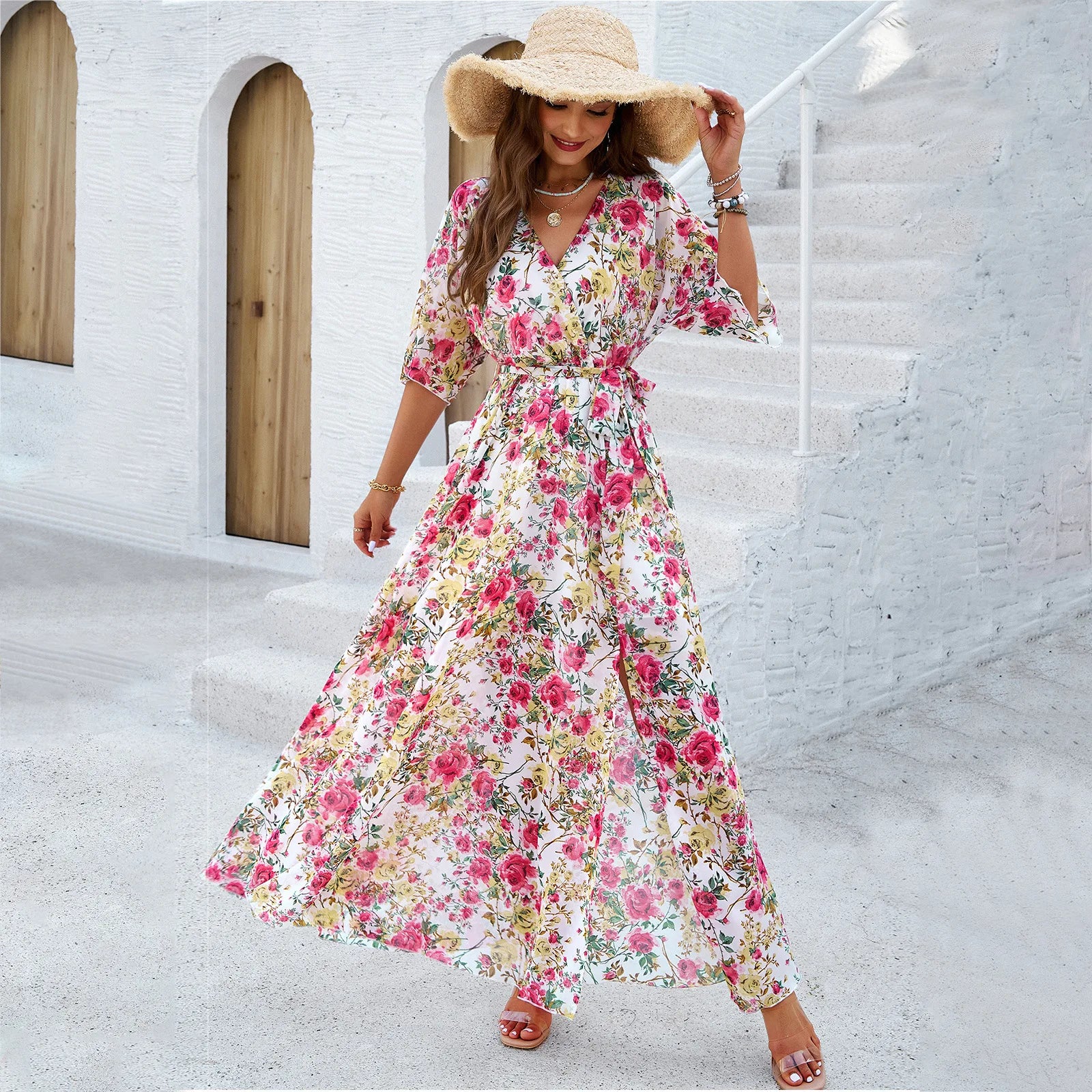 Floral Print Waist Tie Maxi Dress