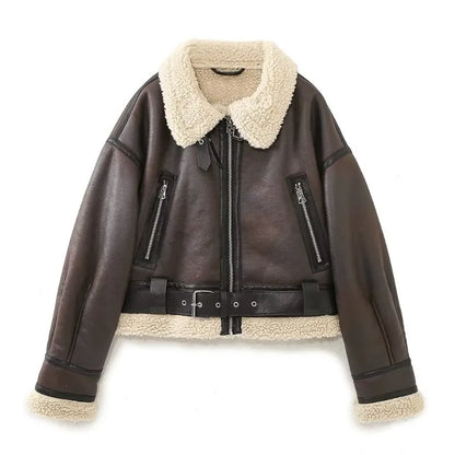 Women's faux shearling jacket winter belted coat long sleeve