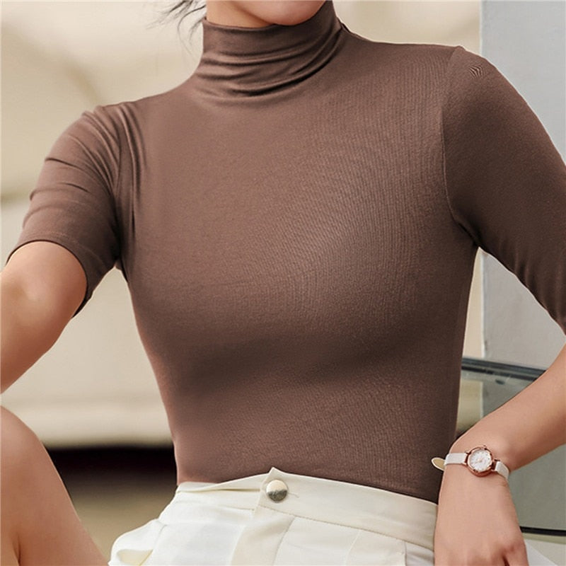Women's Turtleneck Top - Slim Fit - Stretch Fabric - Short Sleeve Elegant Style