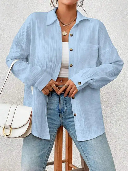 Women's Button-Up Shirt - Lightweight Crinkled Fabric - Relaxed Fit - Long Sleeve