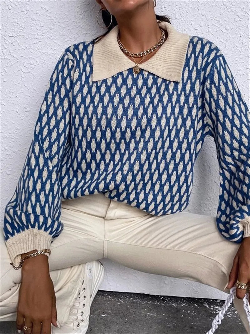 Women's vintage oversized knitwear plaid collar sweater
