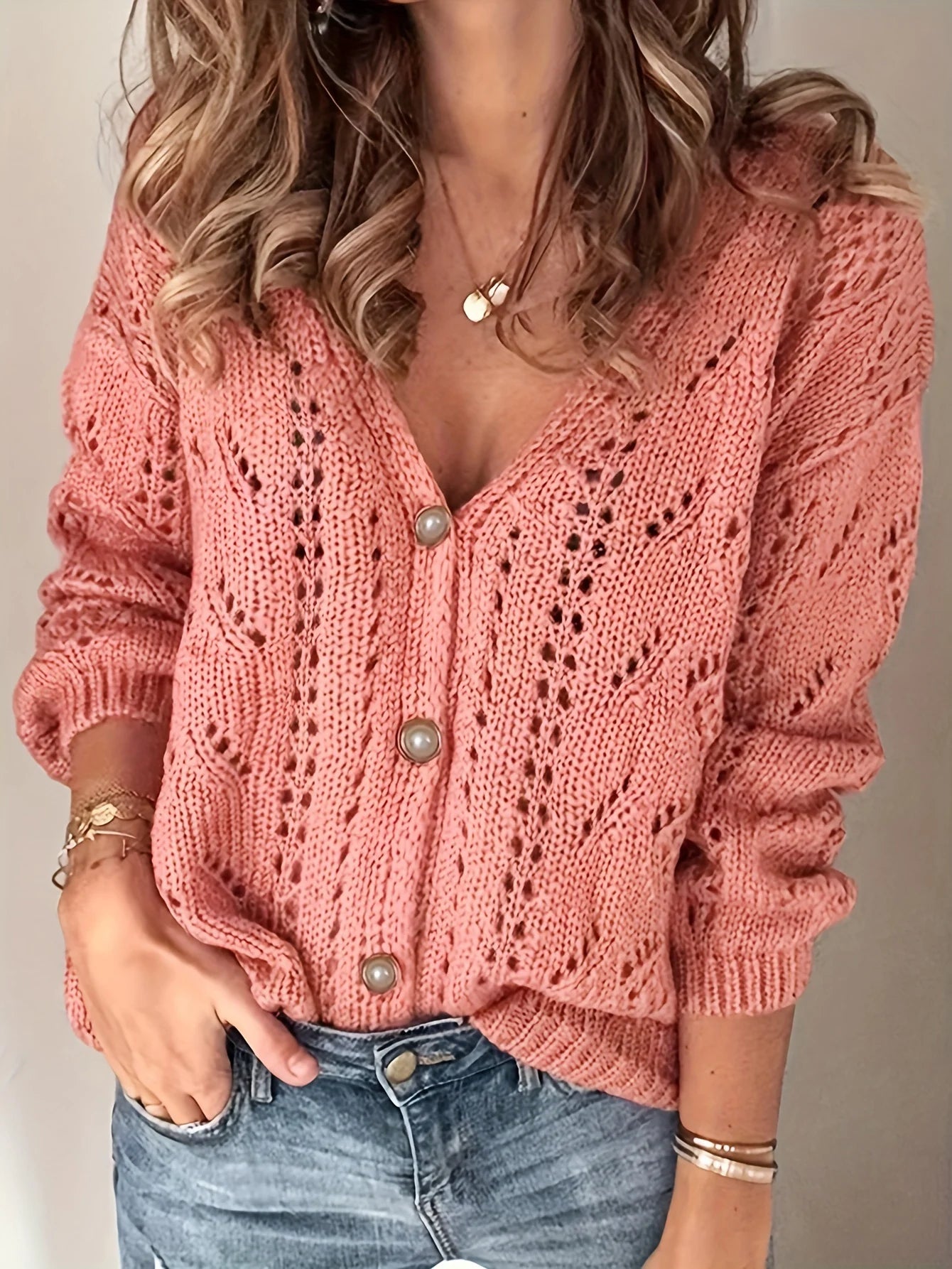 Women's casual  hollow knit cardigan button-front sweater