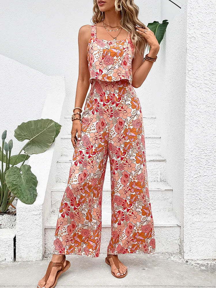 Women's Jumpsuit - Sleeveless Wide-Leg - Adjustable Straps Layered Design
