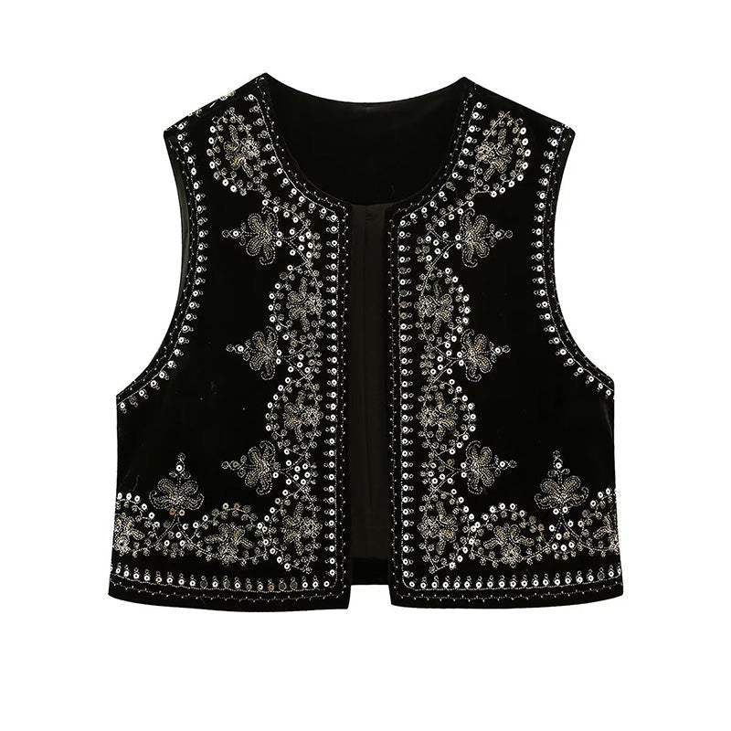 Women's black embroidered vest with sequins