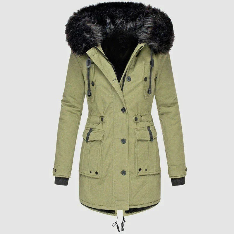 Women's winter parka with fur hood with front pocket and button closure