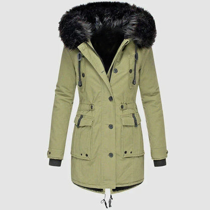 Women's winter parka with fur hood with front pocket and button closure