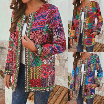 Women's bohemian cotton linen printed long sleeve cardigan