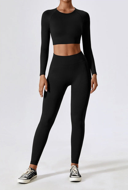 Women's Ribbed Knit Two-Piece Set - Long Sleeve Crop Top & High-Waisted Leggings