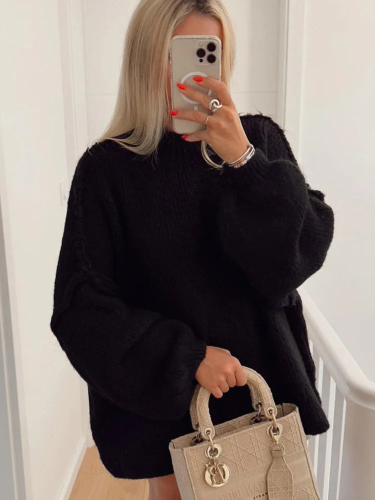 Women's oversized high neck knit sweater with lantern sleeves