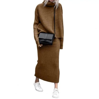 Women's casual  loose high collar pullover knitted sweater skirt set