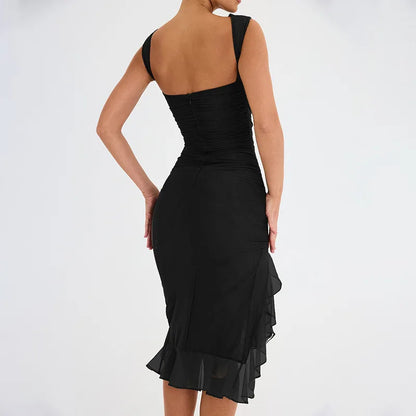 Women's Bodycon Midi Dress - Sleeveless Round Neck - Asymmetrical Ruffle Hem