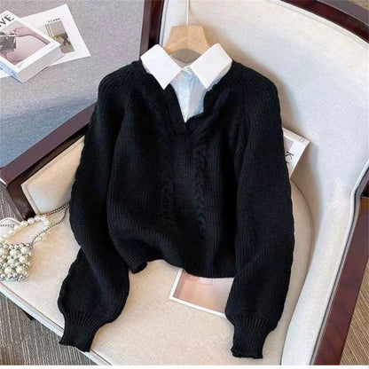 Women’s cable knit sweater with V-neck and layered collar
