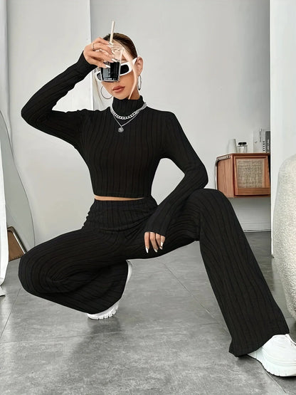 Spring women's knitted two-piece set sweater and loose pants