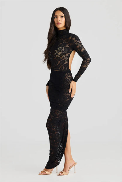 Women’s Slip Dress – Lace Bodycon Fit – High Neck – Long Sleeve – Thigh Slit – Floral Applique
