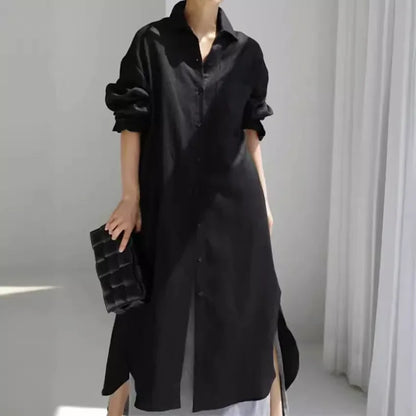 Women's Shirt Dress - Button Down - Long Sleeve - Relaxed Fit - Side Slits