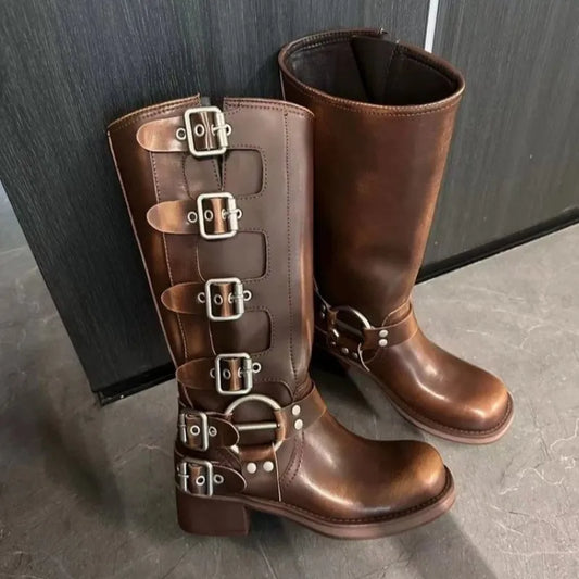 Adjustable Buckle Leather Knee-High Boots