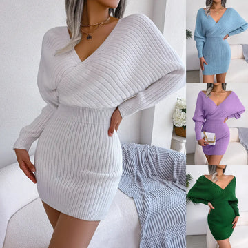 Women's casual knit long sleeve v-neck mini dress