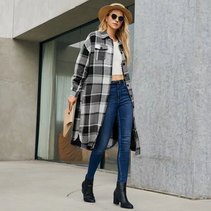 Women plaid trench coat with side slits and pockets
