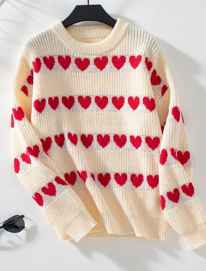 Women's jacquard love pattern crew neck pullover sweater