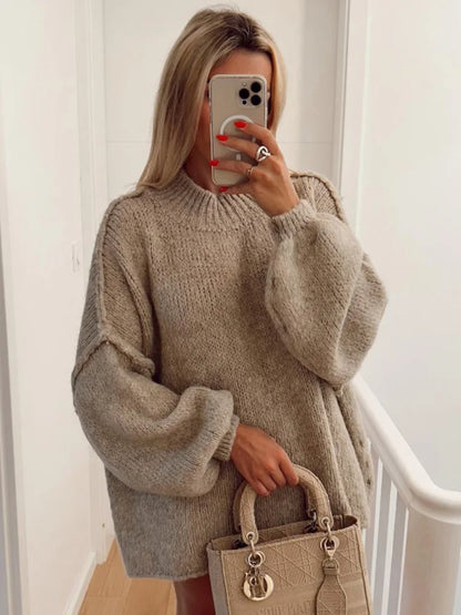 Women's oversized high neck knit sweater with lantern sleeves