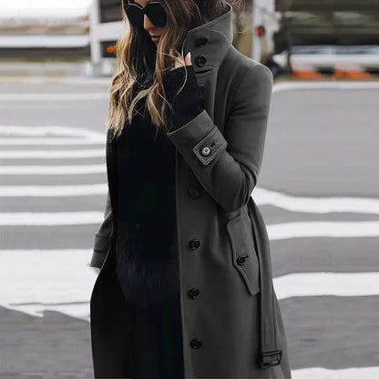 Women's button-down belted high-neck trench coat