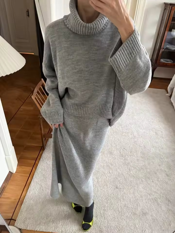 Women’s Two-Piece Knit Set – Oversized Turtleneck Sweater – Maxi Skirt – Wool Blend