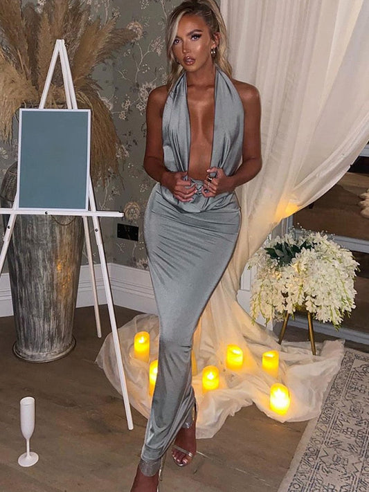 Elegant Draped Halter Neck Maxi Dress